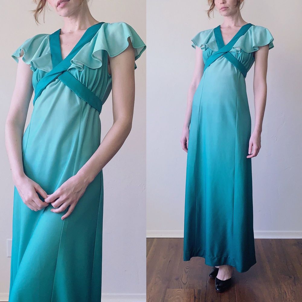 vintage 70s gradient green flutter sleeve maxi dress